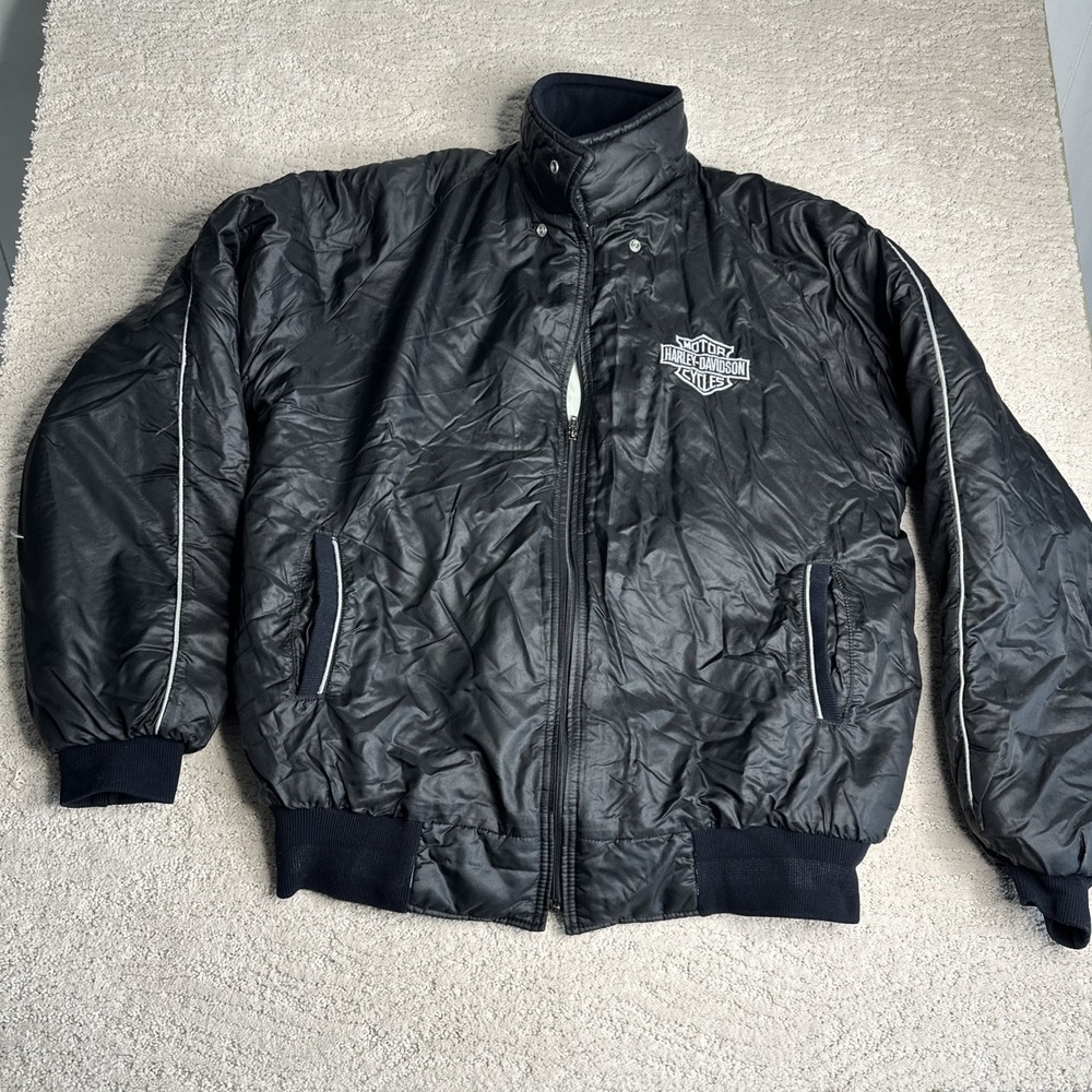 Men's Harley Davidson Large Black Puffer Bomber Full Zip Coat Jacket Made In USA